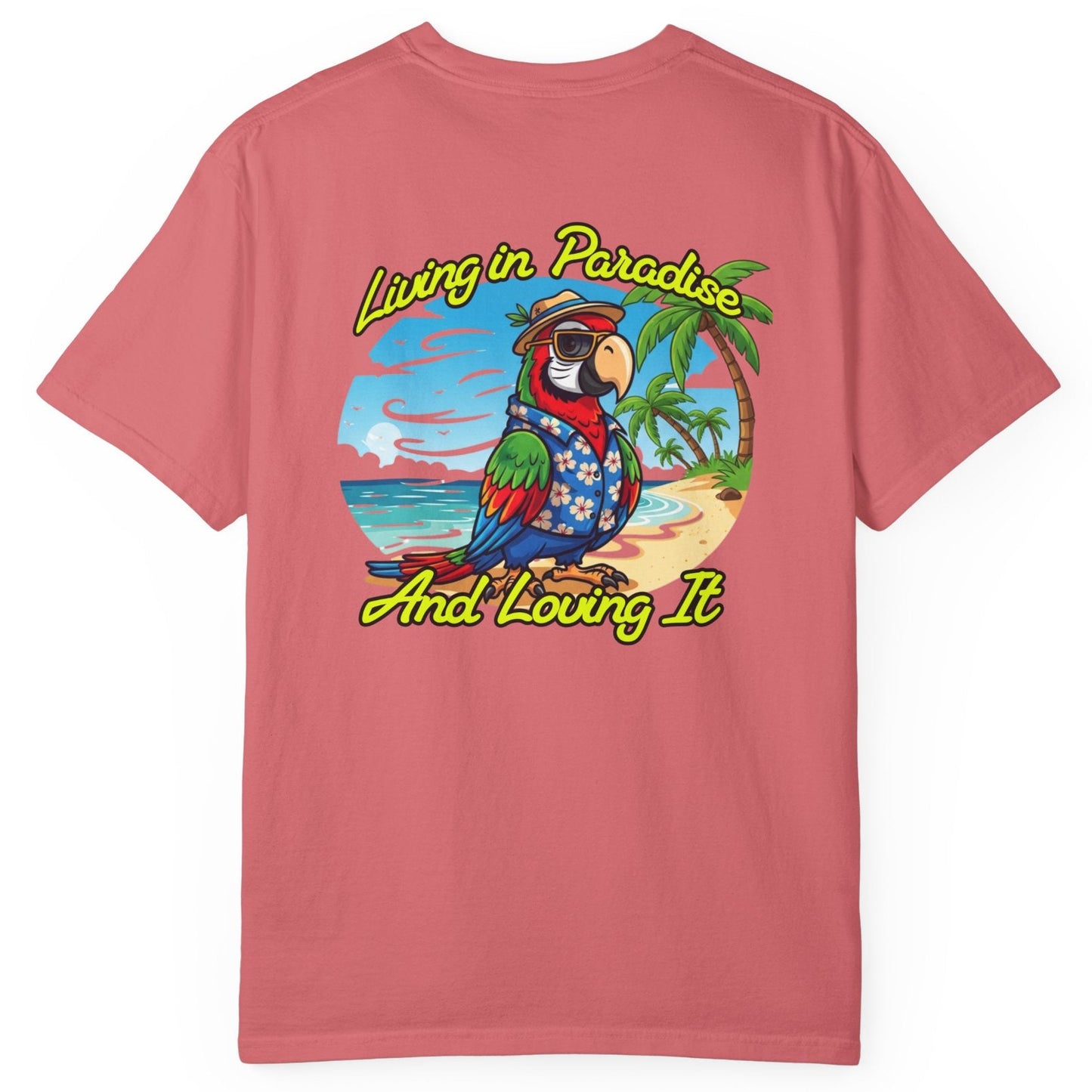 Pink t-shirt with a colorful parrot graphic and text on the back, on a white background