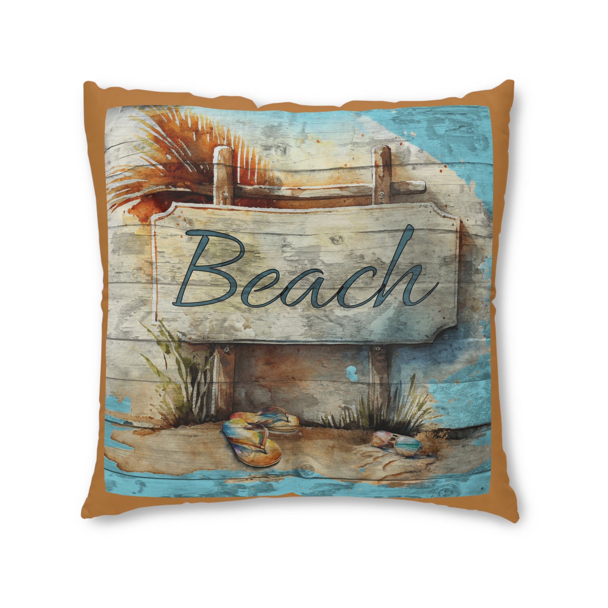 Rustic Beach Sign Brown Tufted Floor Pillow, Square -by Caribbean Rays