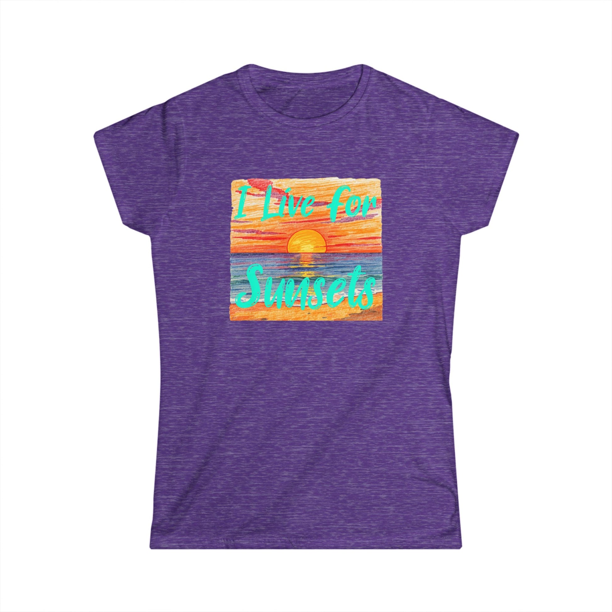 Purple t-shirt with a sunset graphic and 'I Live for Sunsets' text on a white background