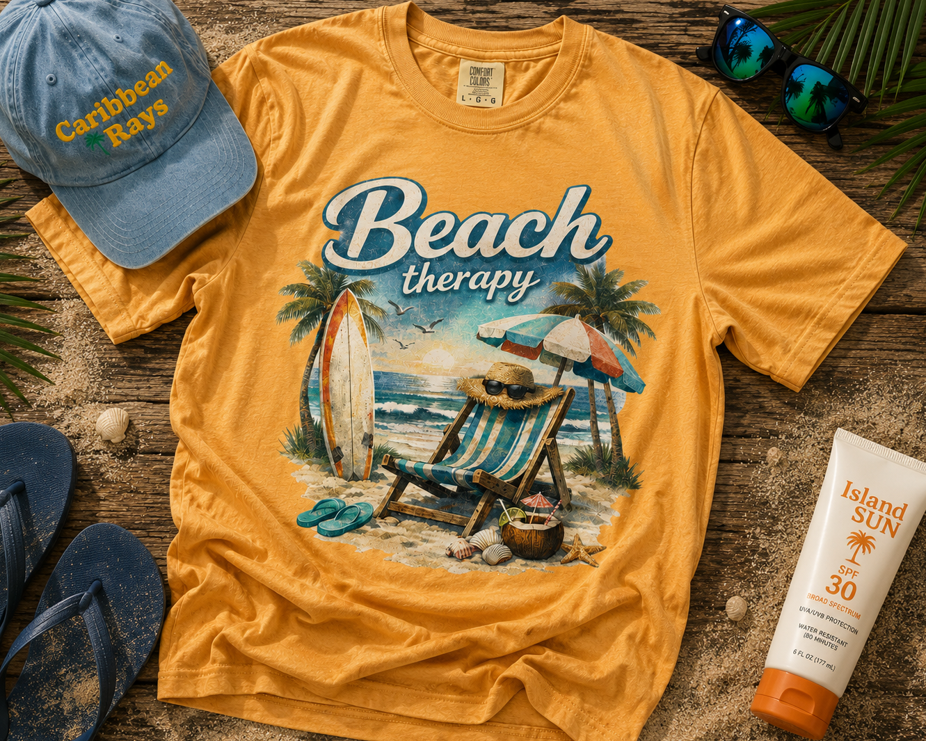 Yellow t-shirt with 'Beach Therapy' design, blue cap, flip-flops, and sunscreen on a wooden surface.
