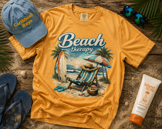 Beach Therapy T-Shirt — Vintage Surf Chair & Palm Graphic