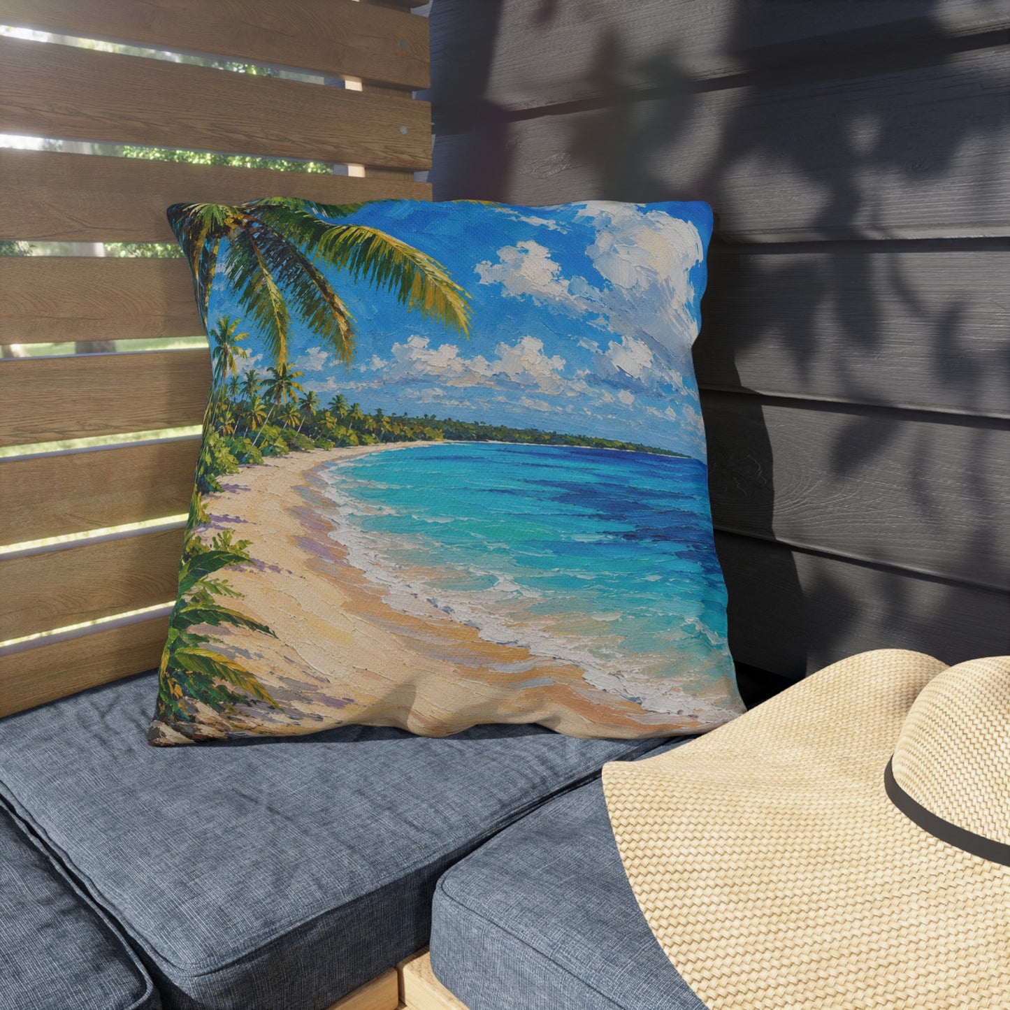 Tropical Caribbean Beach Outdoor Pillow — Coastal Palm Tree Seaside Decor