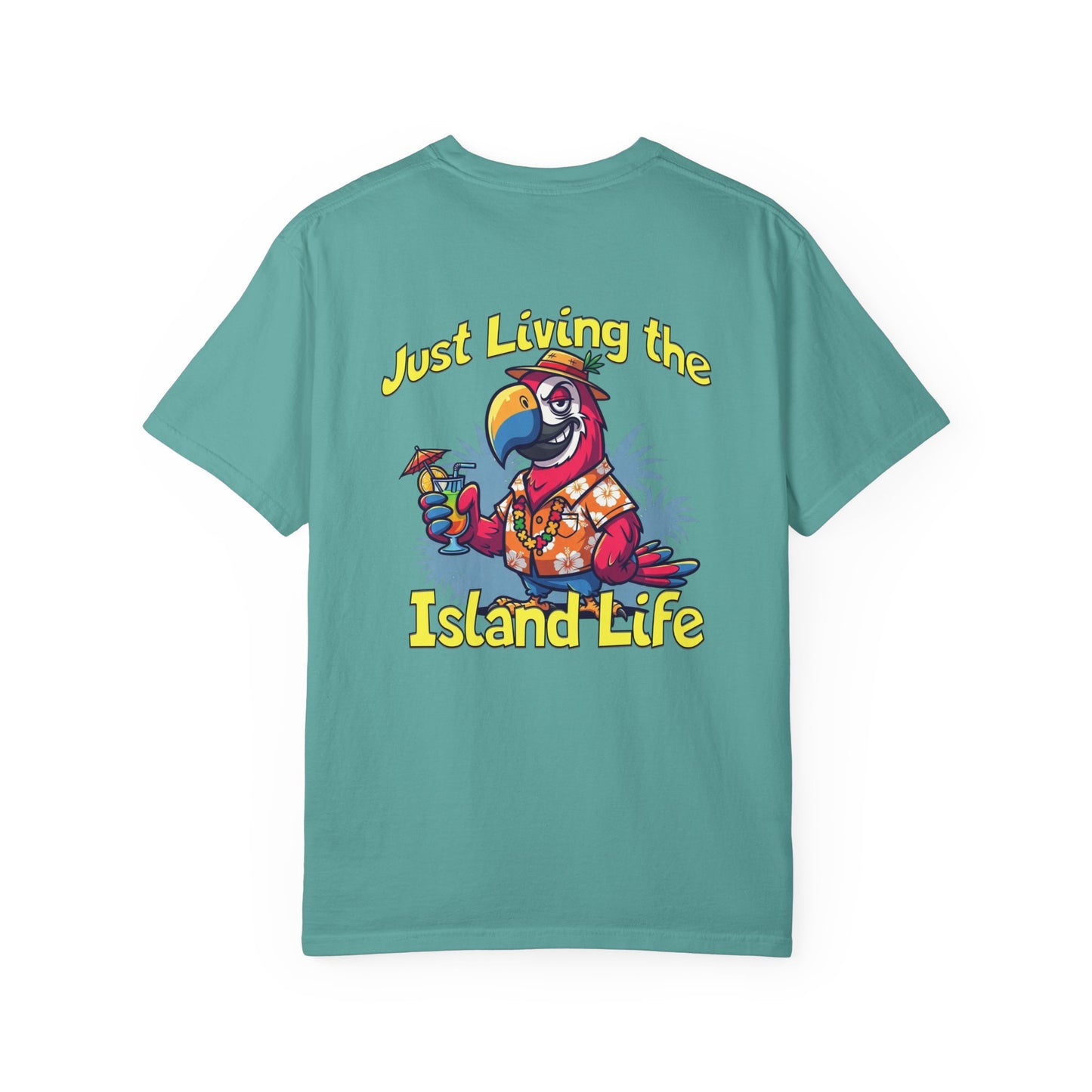 Teal t-shirt with a cartoon parrot and 'Just Living the Island Life' text on a white background