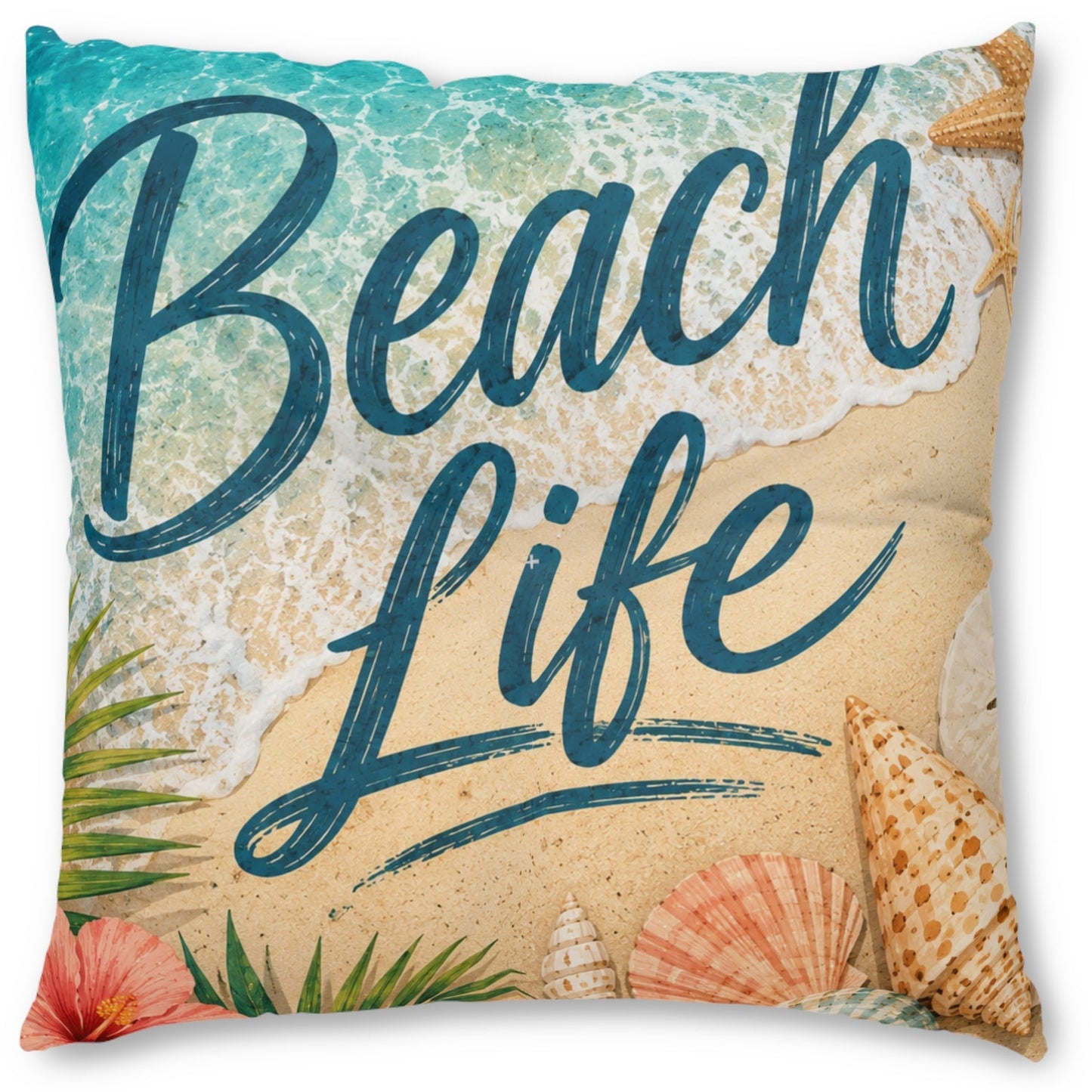 A square decorative throw pillow featuring a beach-themed print with the words 'Beach Life' in dark teal script over turquoise ocean water, white foam, sandy beige tones, and seashells and palm leaves.