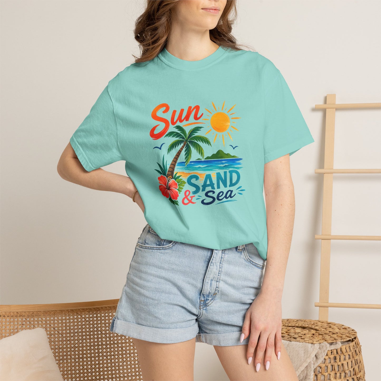 Sun, Sand & Sea T-Shirt – Tropical Beach Palm Tree Graphic Tee