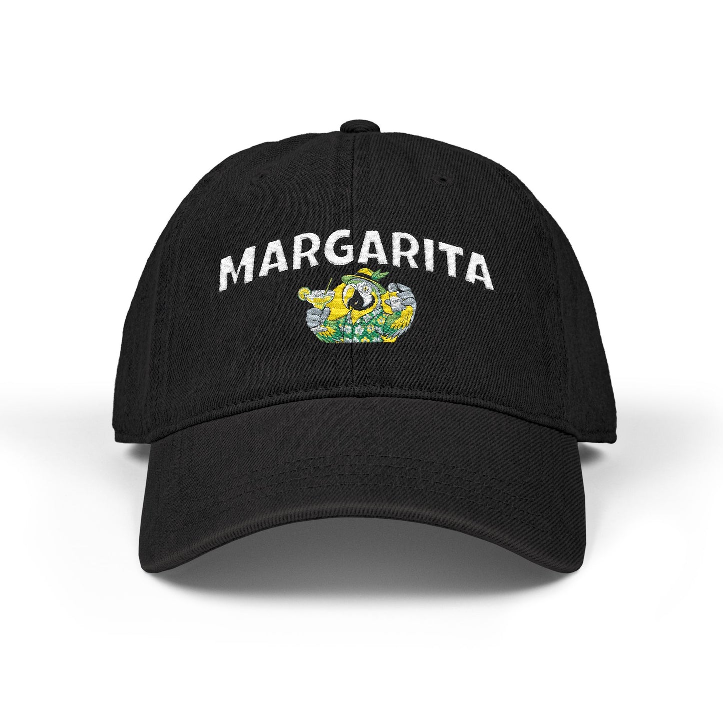 Black cap with 'Margarita' text and a graphic on a white background