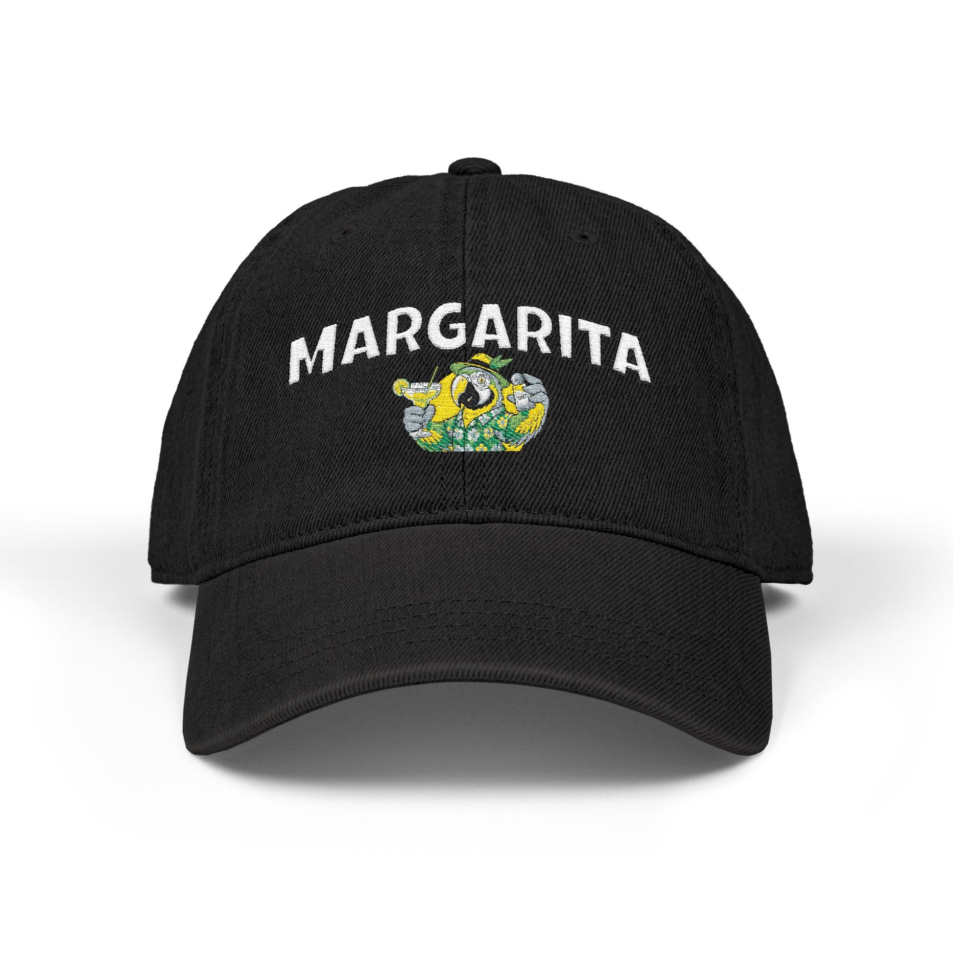 Black cap with 'Margarita' text and a graphic on a white background