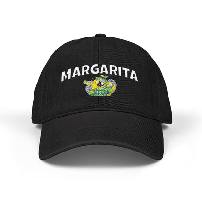 Black cap with 'Margarita' text and a graphic on a white background