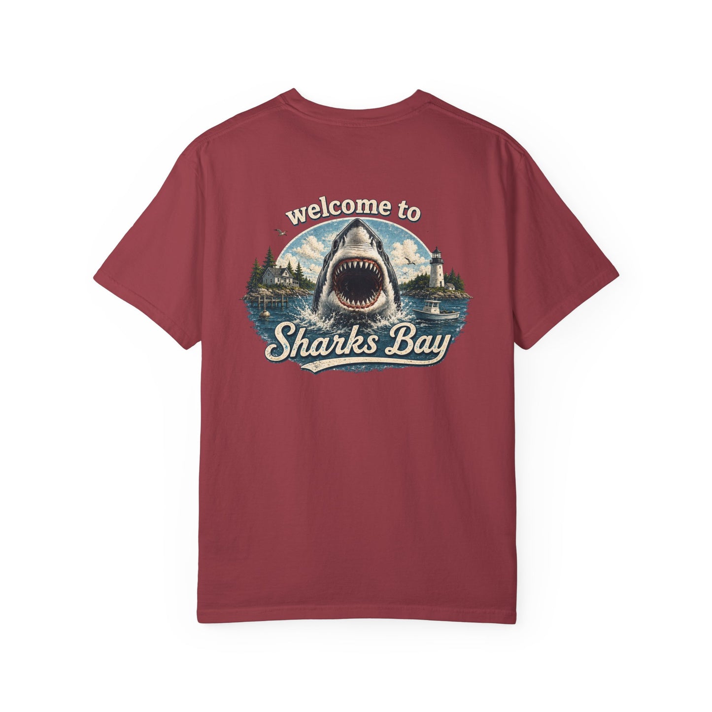 Sharks Bay T-Shirt — "Welcome to Sharks Bay" Vintage Shark Graphic Tee