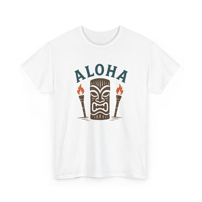 Men's white graphic t-shirt with ALOHA text, tiki mask, and torch icons