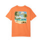 Orange t-shirt with a beach graphic and 'Paradise' text on a white background