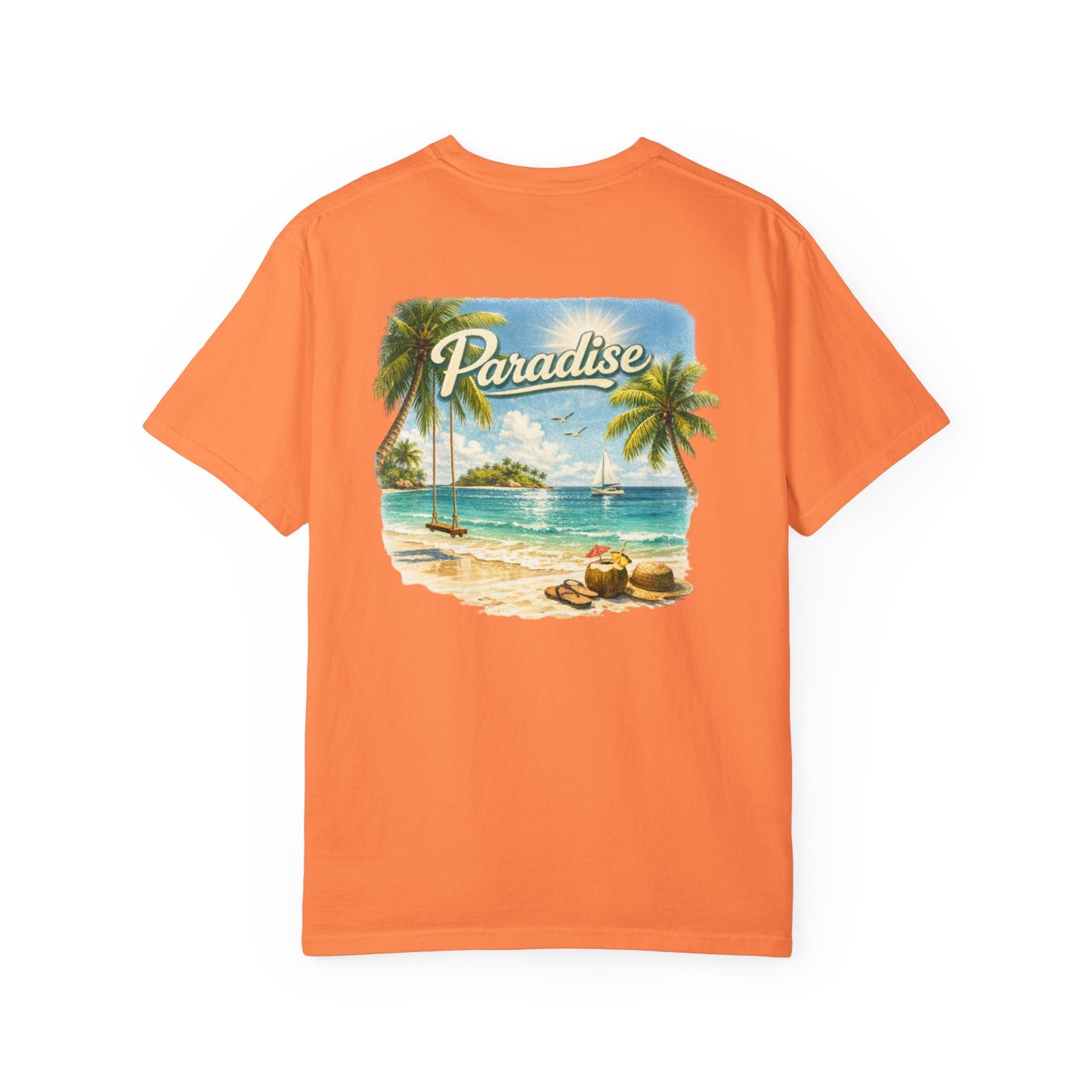 Orange t-shirt with a beach graphic and 'Paradise' text on a white background