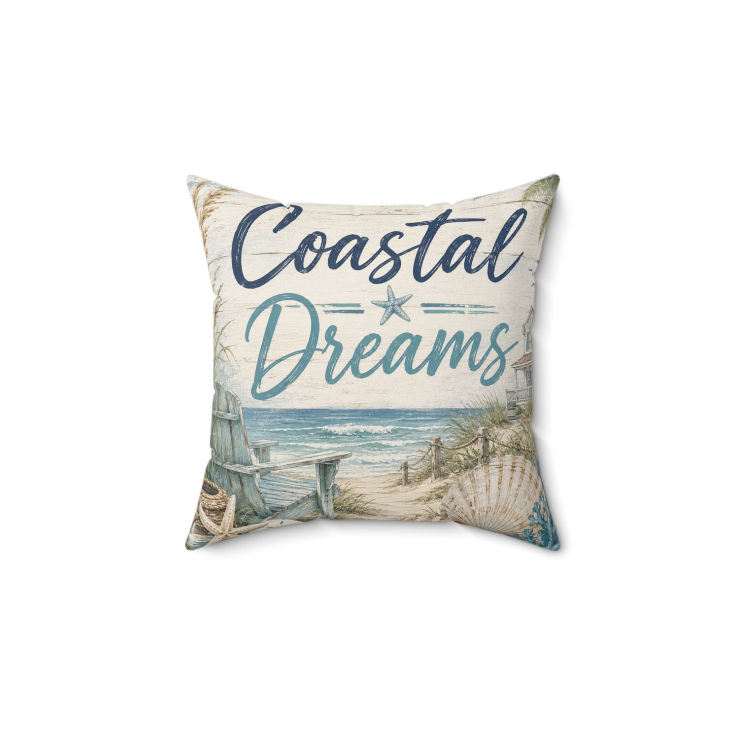Square polyester throw pillow with Coastal Dreams beach print in blue and teal.