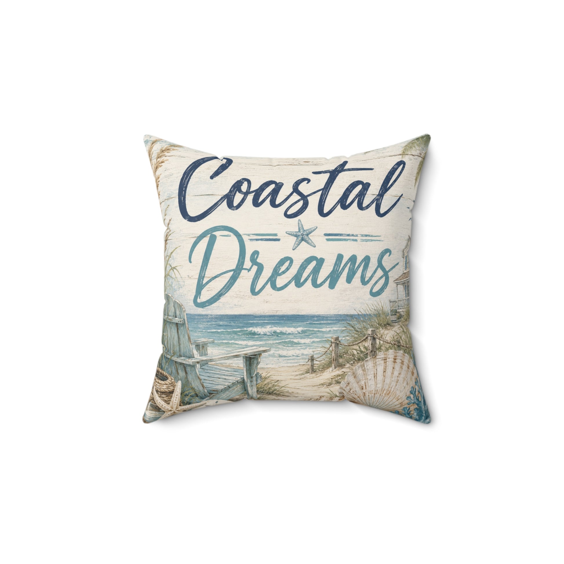 Square polyester throw pillow with Coastal Dreams beach print in blue and teal.