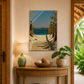 Nautical-themed interior with a console table, lamp, and decorative items.