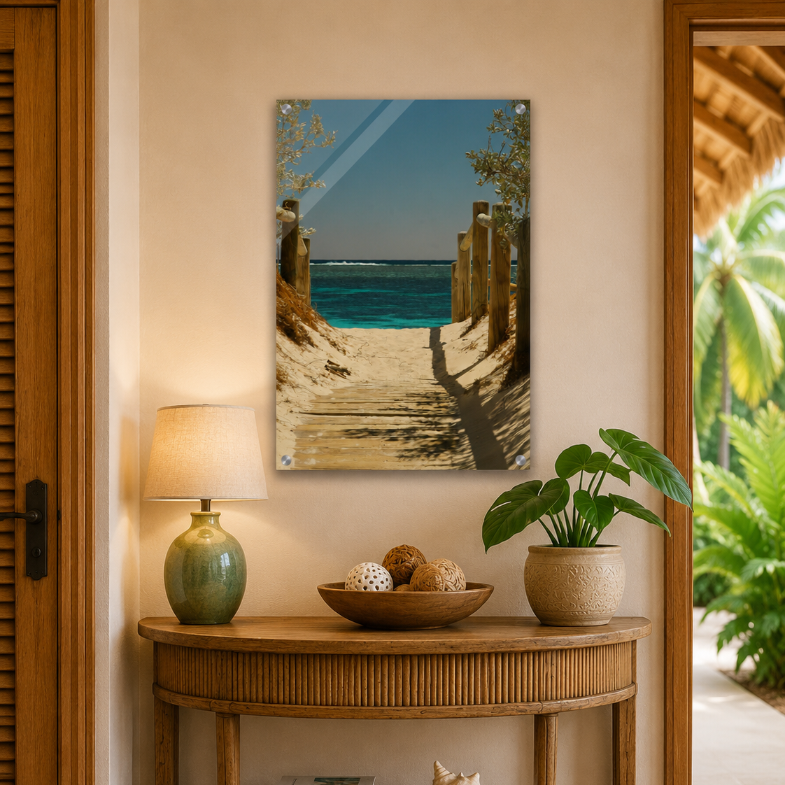 Nautical-themed interior with a console table, lamp, and decorative items.
