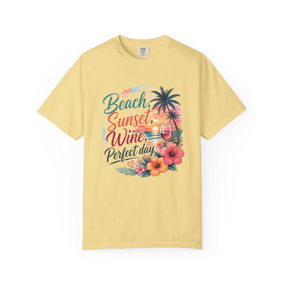 Beach Sunset Wine T-Shirt — "Beach, Sunset, Wine, Perfect Day" Tropical Graphic Tee