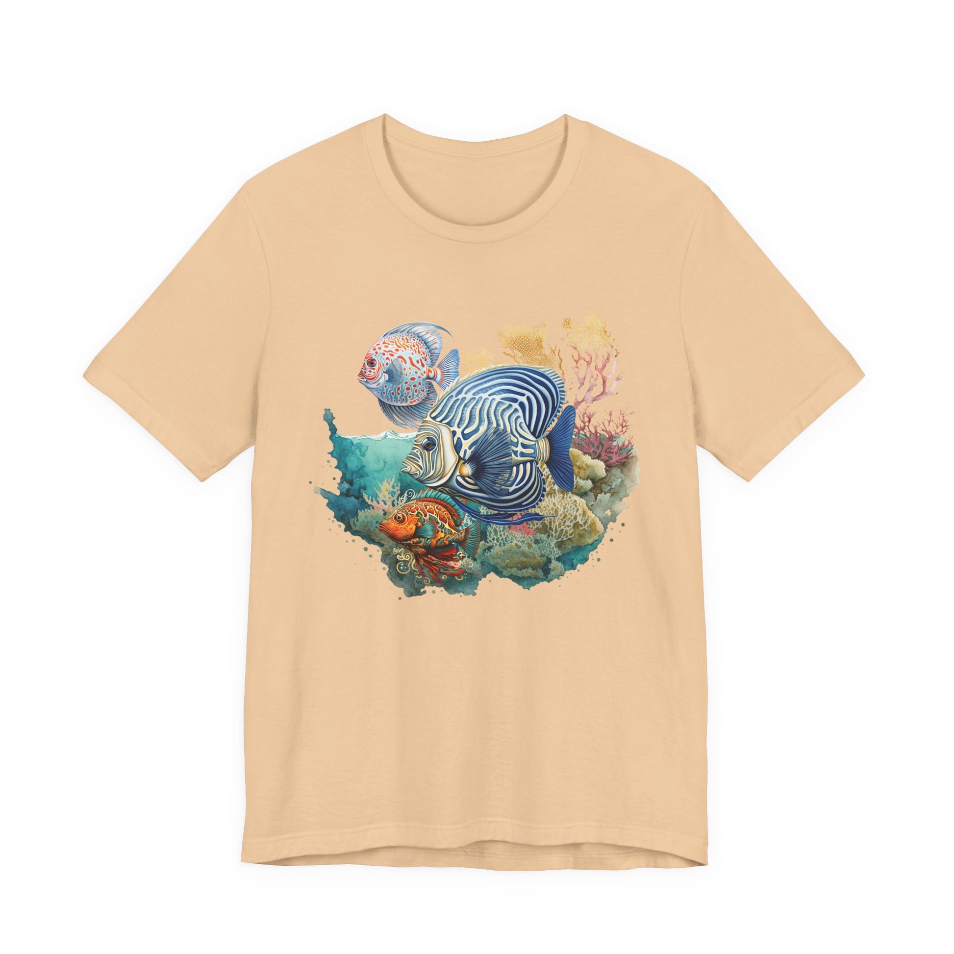 Beige t-shirt with an underwater scene featuring a fish and coral on a white background by Caribbean Rays