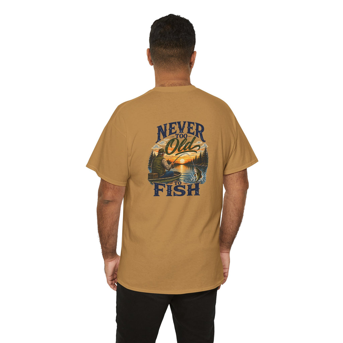 T-Shirt — "Never Too Old to Fish" Fishing Tee (Sunset Lake Design)