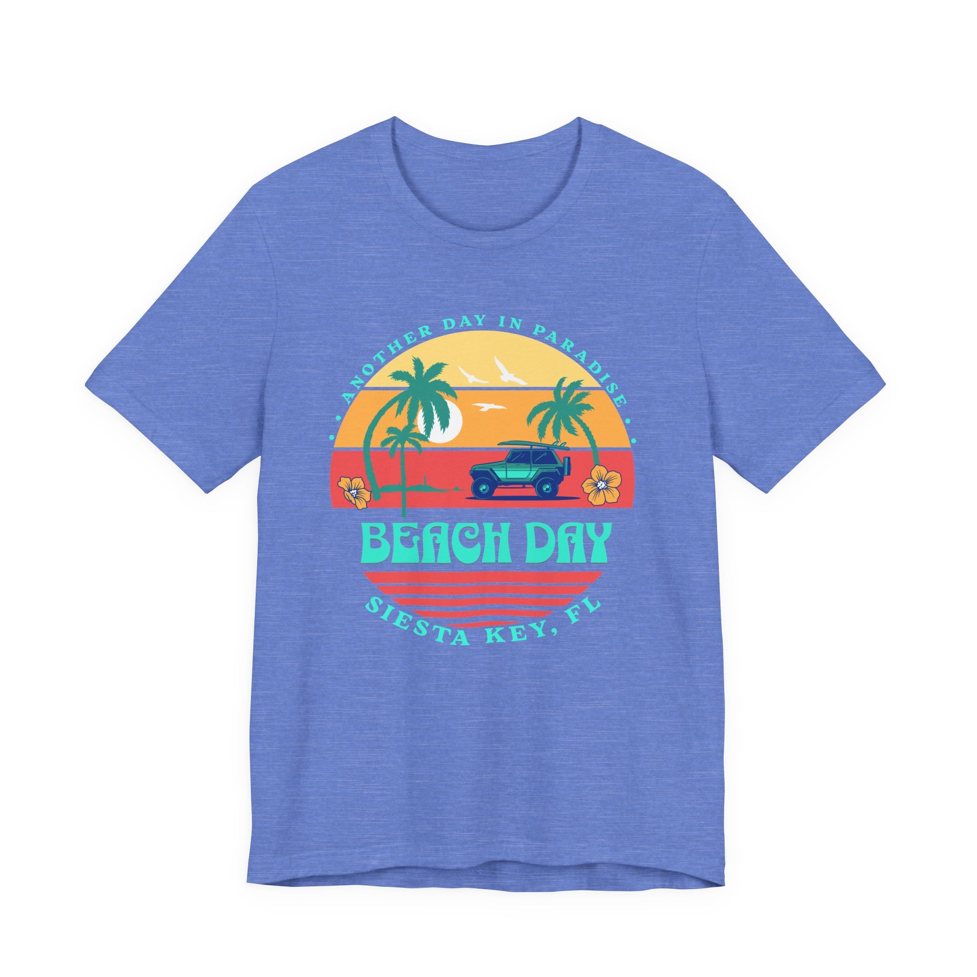 Blue t-shirt with a 'Beach Day' graphic design on a white background by Caribbean Rays
