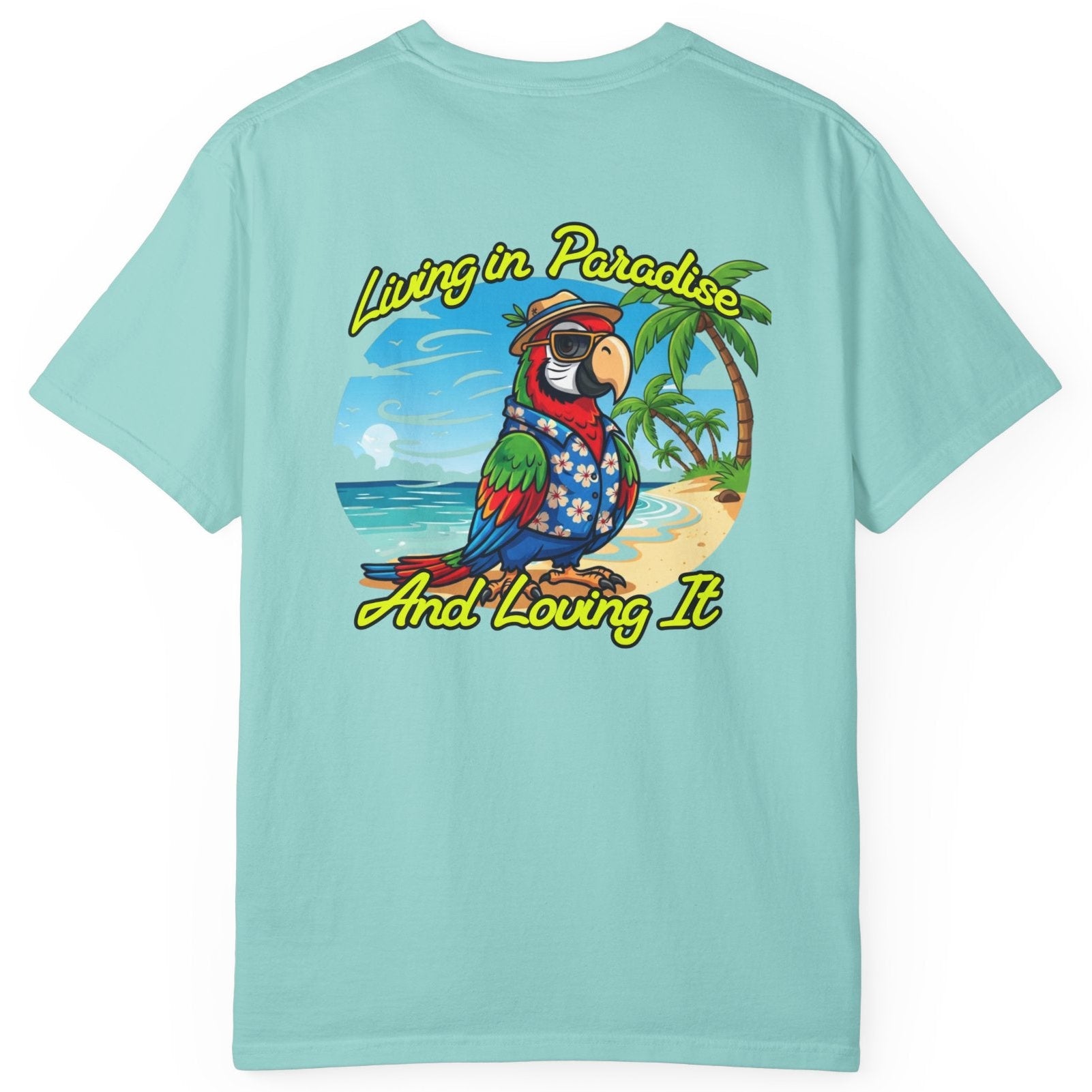 Light blue t-shirt with a tropical graphic and text on the back
