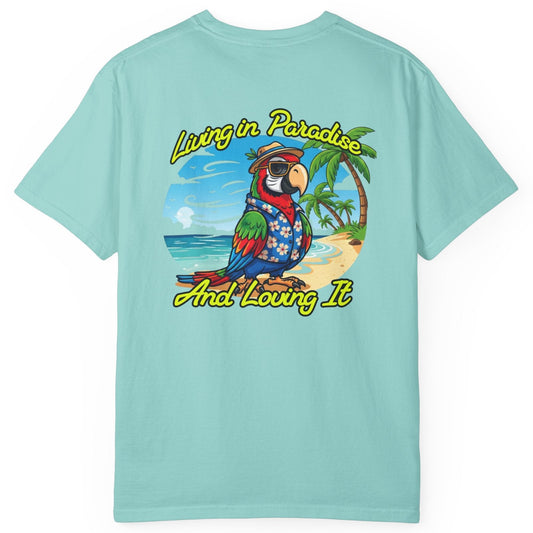 Light blue t-shirt with a tropical graphic and text on the back
