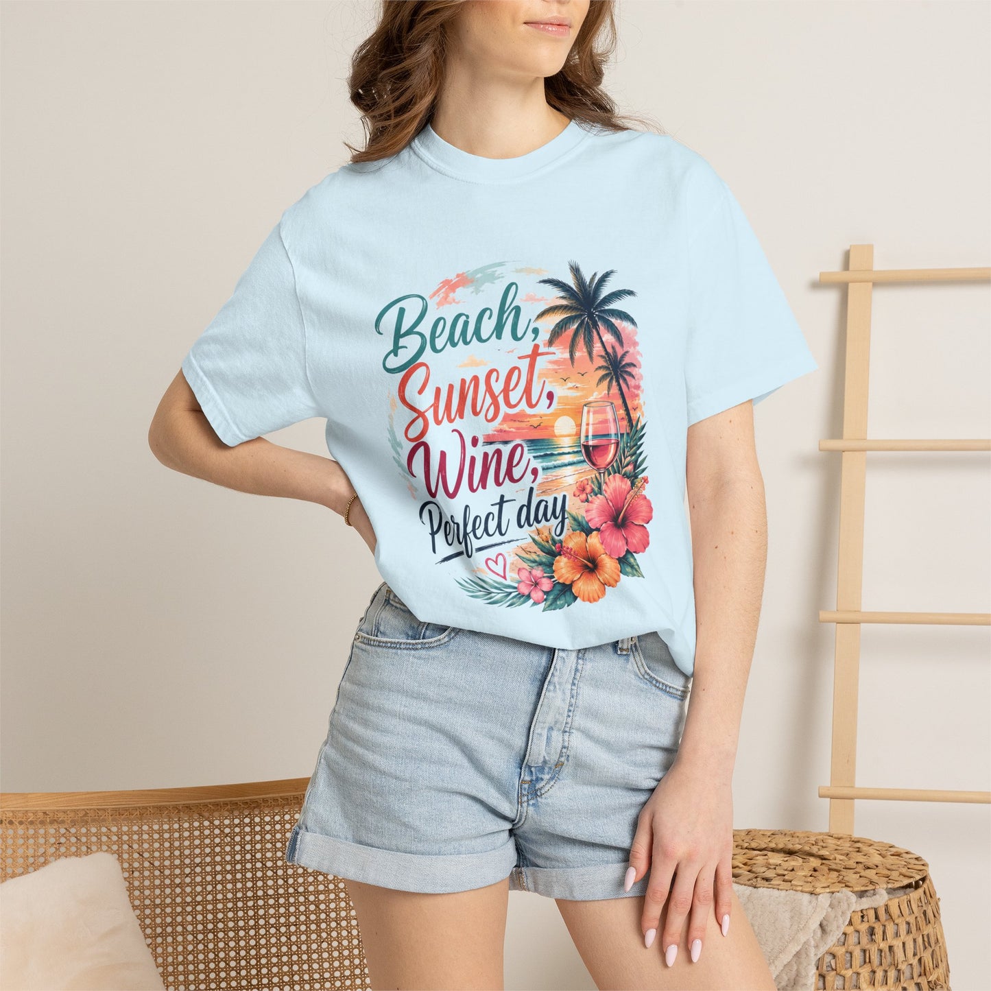 Beach Sunset Wine T-Shirt — "Beach, Sunset, Wine, Perfect Day" Tropical Graphic Tee