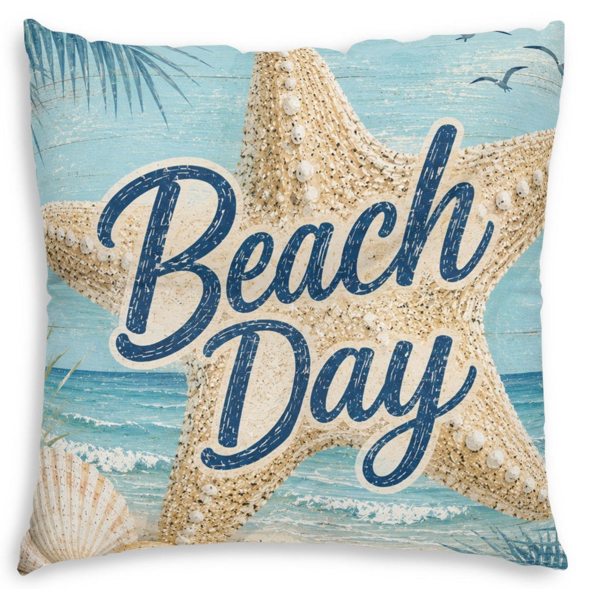 A square decorative throw pillow featuring a beach-themed print with a large starfish, blue ocean waves, seashells, palm leaves, and the words “Beach Day” in navy script over a light blue background.