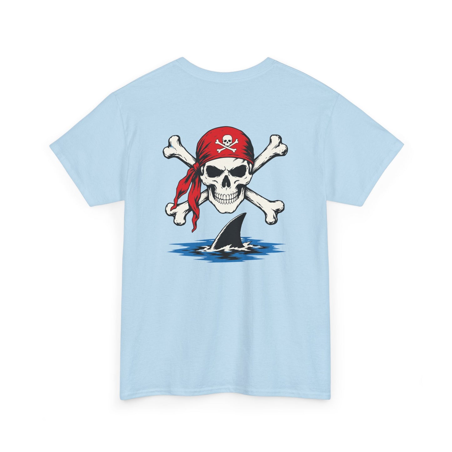Light blue t-shirt with a pirate-themed graphic on a white background