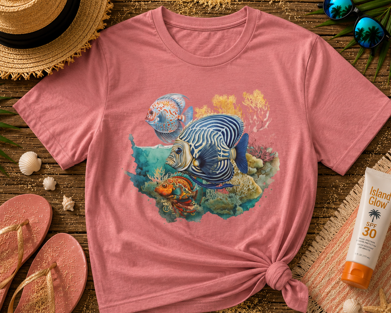 Pink t-shirt with fish design on a wooden surface with beach accessories.