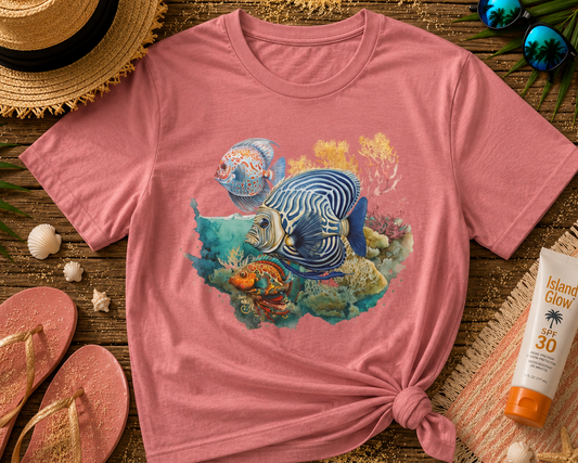 Pink t-shirt with fish design on a wooden surface with beach accessories.