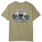 Khaki t-shirt with a shark graphic and 'Welcome to Sharks Bay' text on a white background