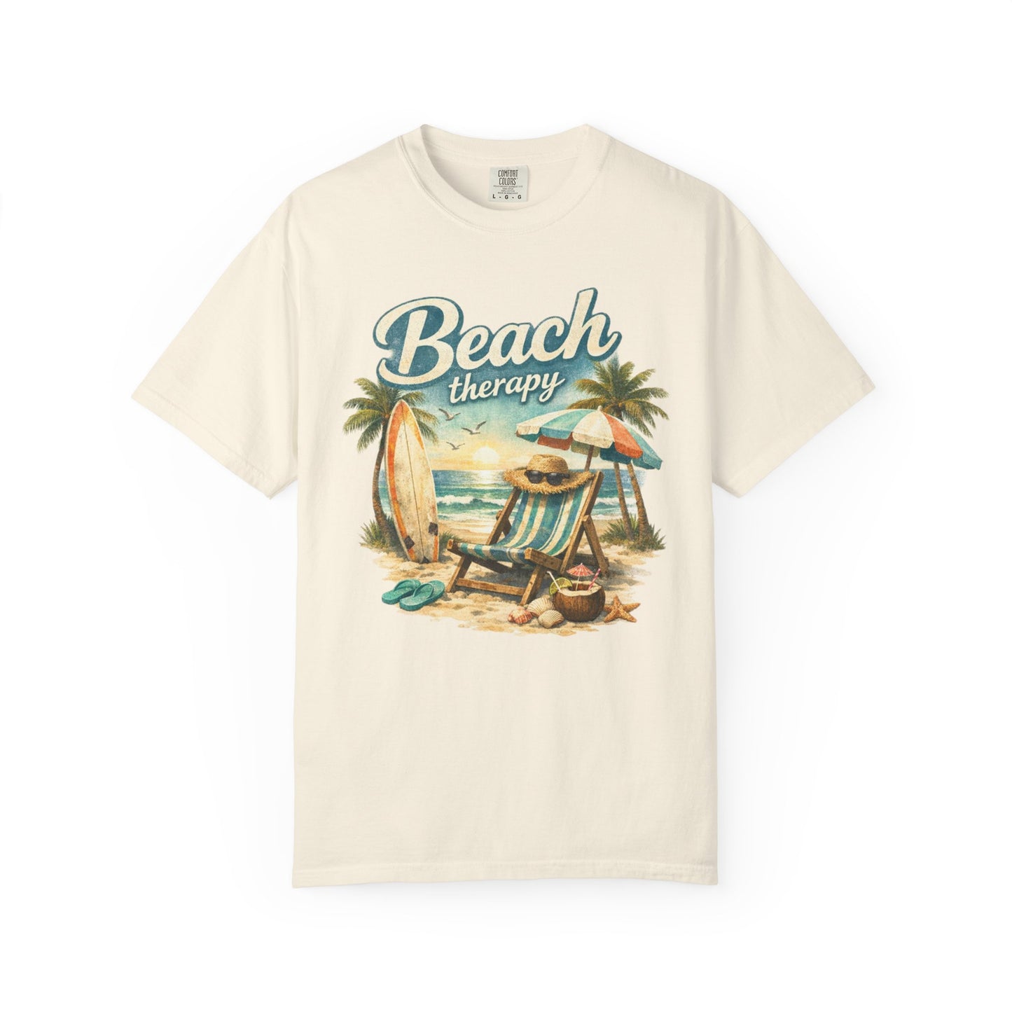 Beach-themed t-shirt with 'Beach Therapy' text on a white background