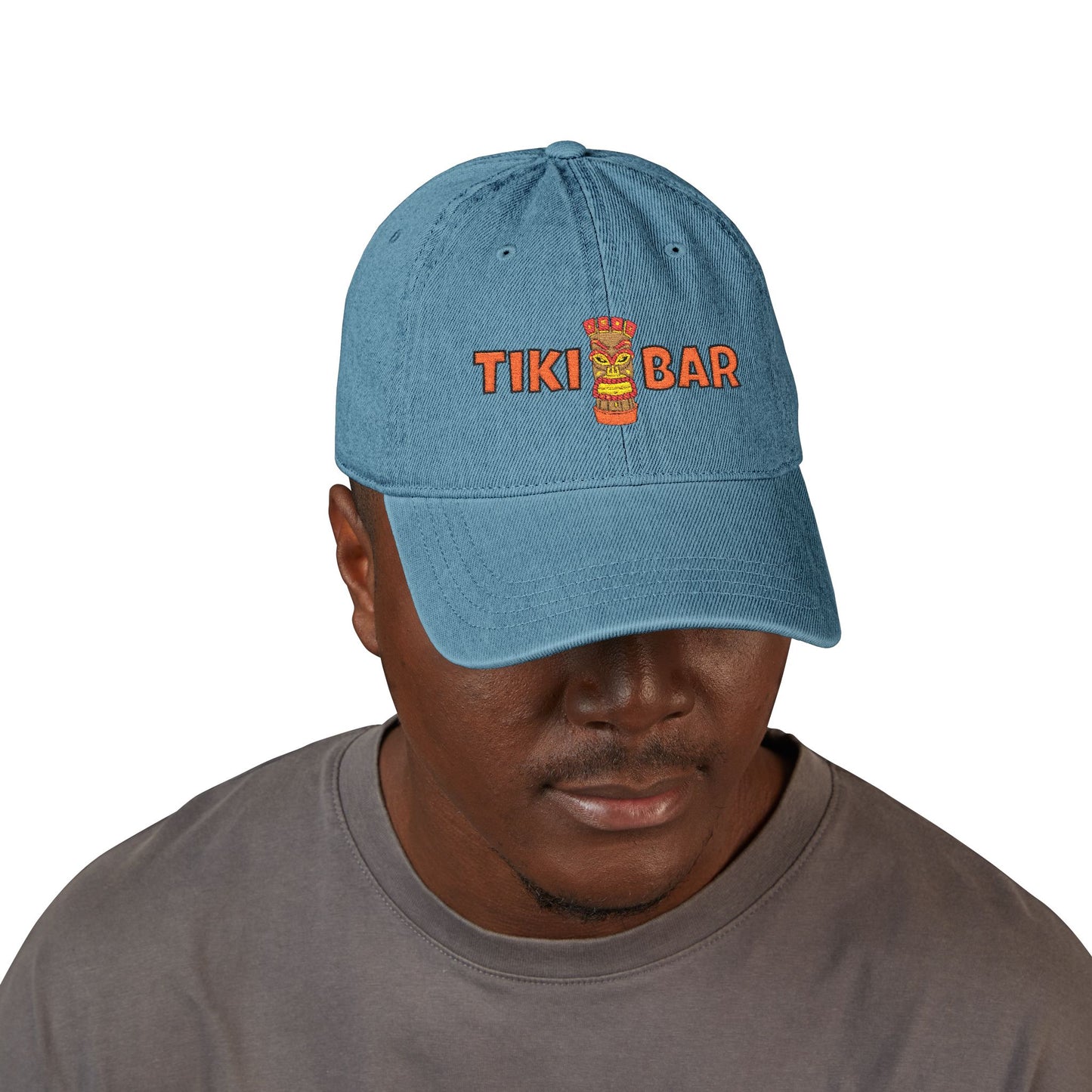 Tiki Bar Embroidered Hat — Vintage Tiki Totem Denim Baseball Cap