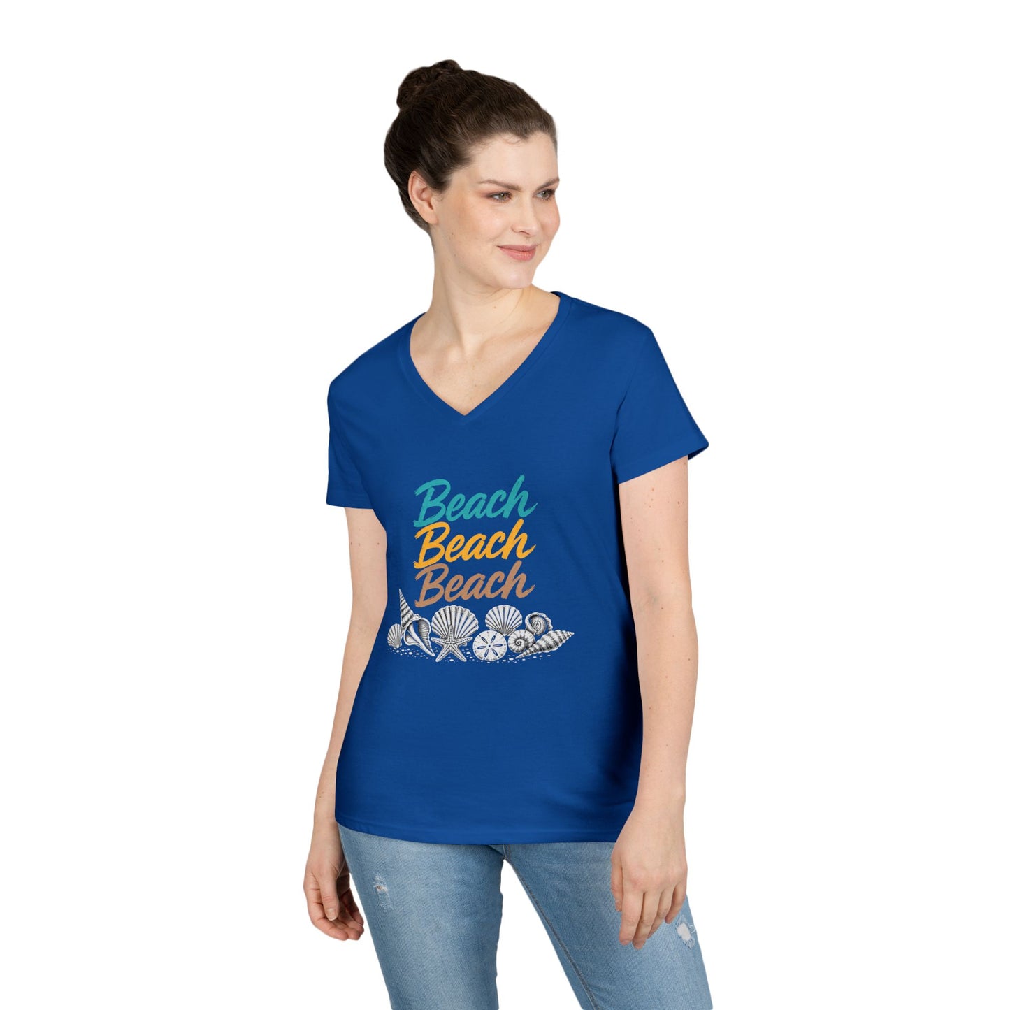 Beach Beach Beach Script V-Neck Tee — Women’s Casual Coastal T-Shirt