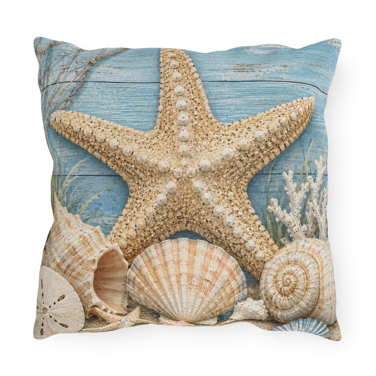 Coastal Starfish Outdoor Pillow — Beach Seashell Patio Cushion