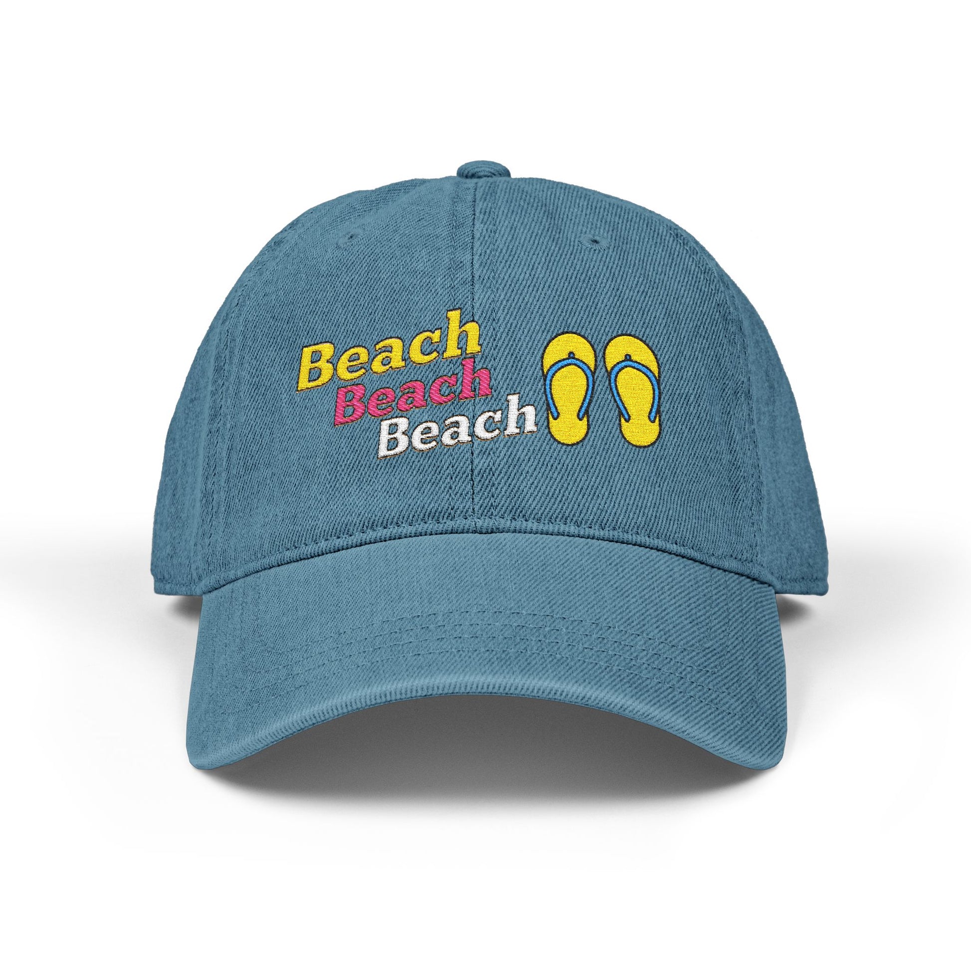 Blue cap with 'Beach' text and flip-flop design on a white background