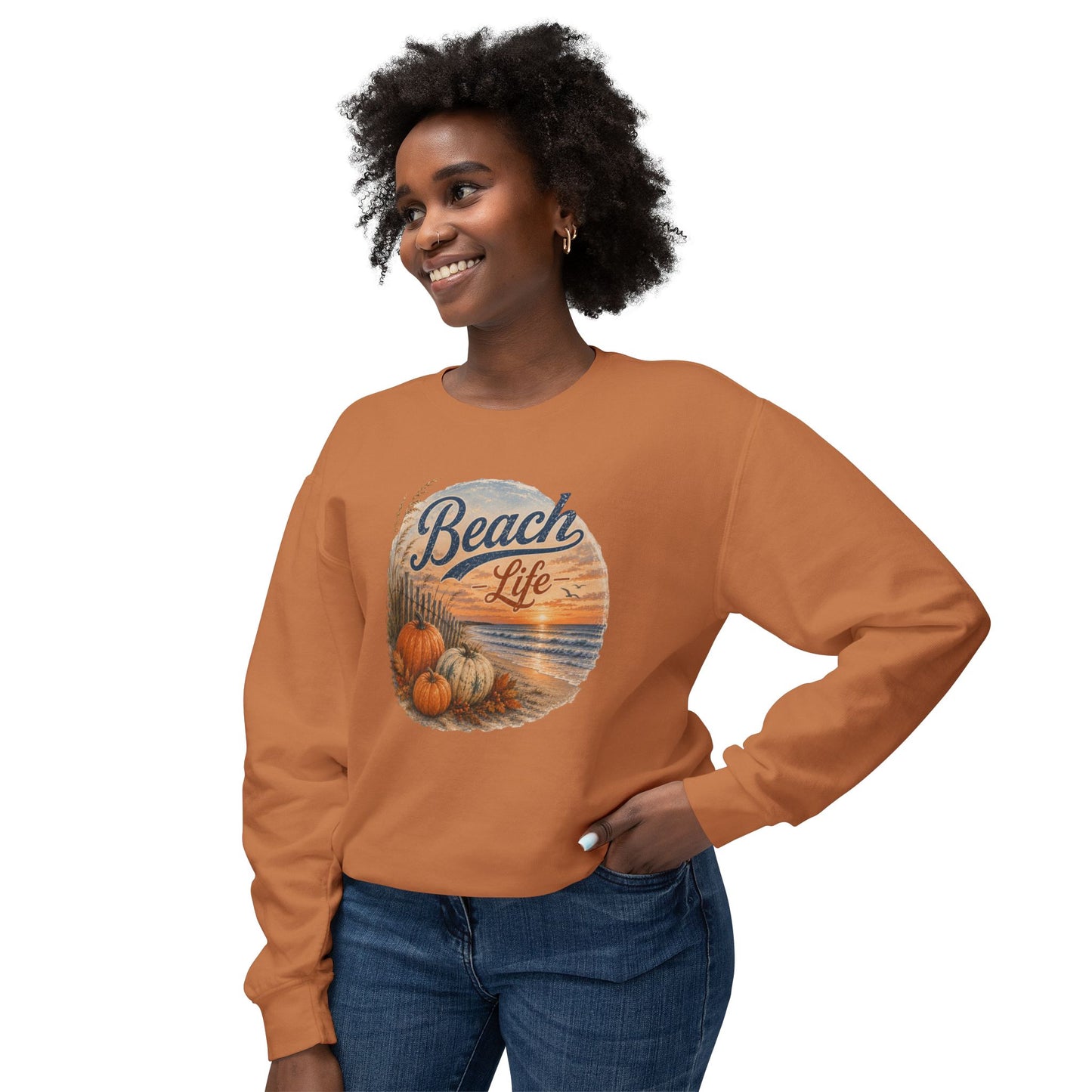 Beach Life Fall Pumpkin Lightweight Crewneck Sweatshirt