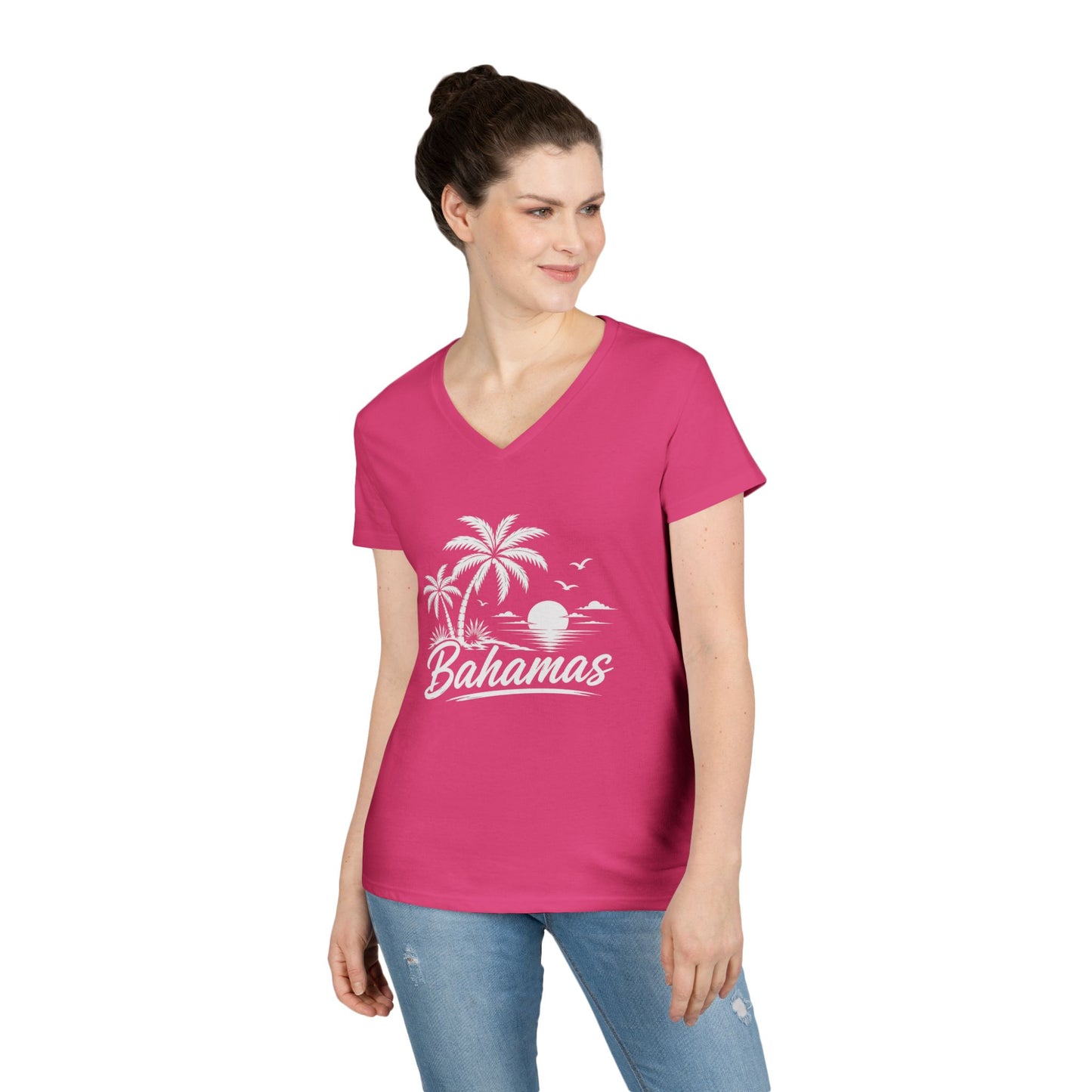 Bahamas Palm Beach V-Neck Tee — Ladies' Tropical Vacation T-Shirt