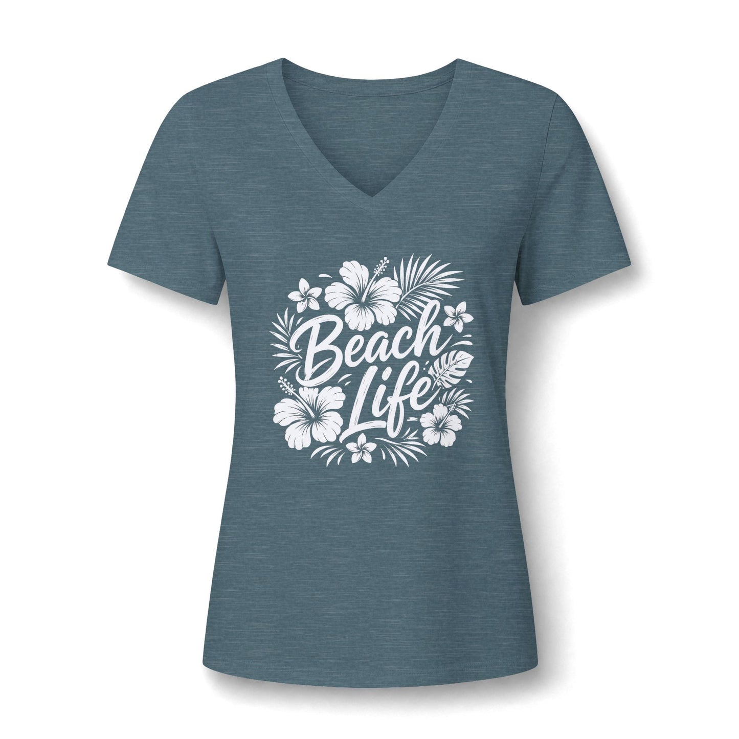 Beach Life V-Neck Tee — Women's Tropical Hibiscus Graphic