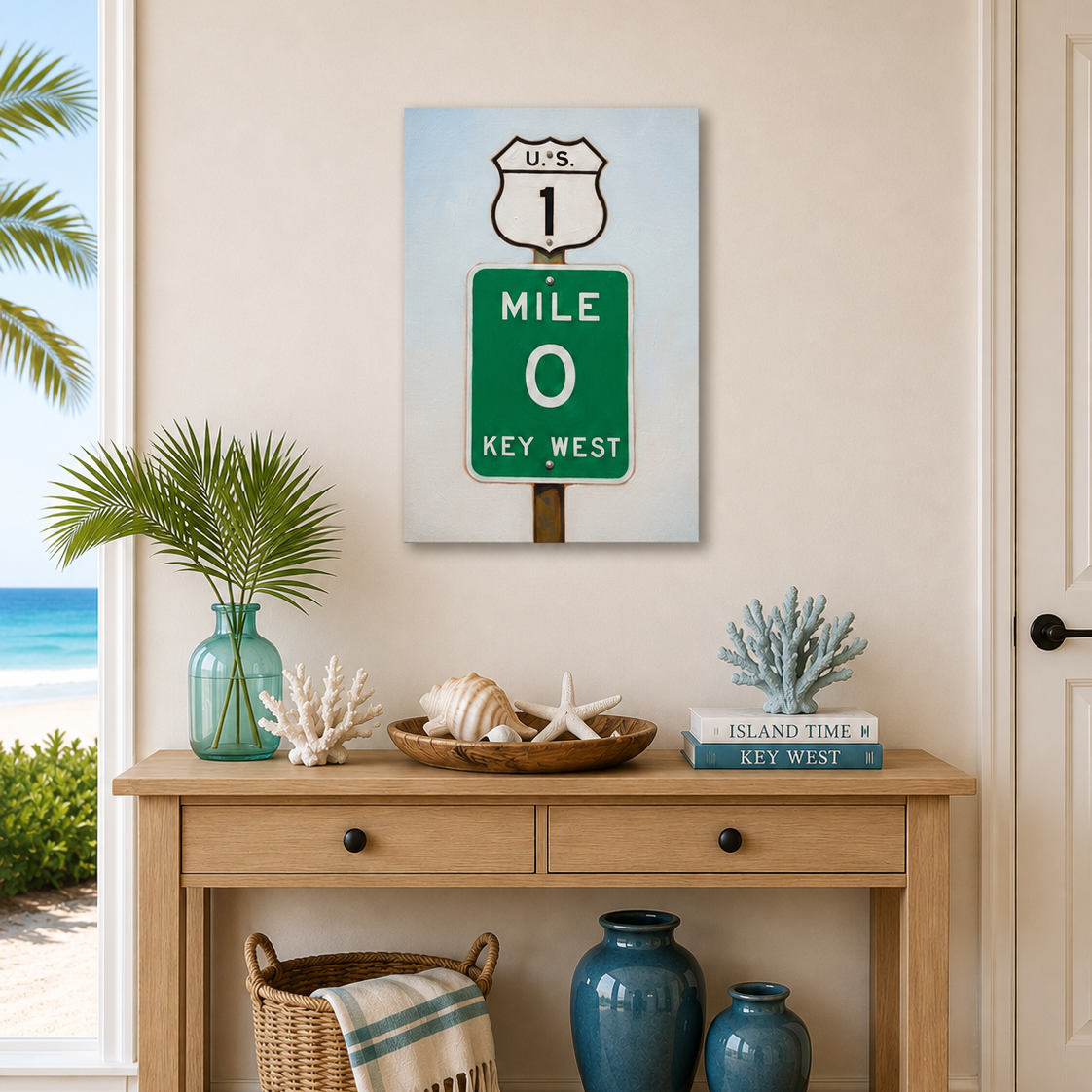 Decorative table with a 'Mile 0 Key West' sign above it, featuring a beach-themed interior.