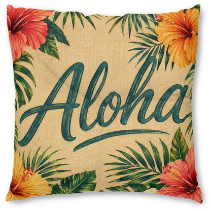Square tufted floor pillow with tropical Aloha script, palm leaves, and hibiscus flowers on tan