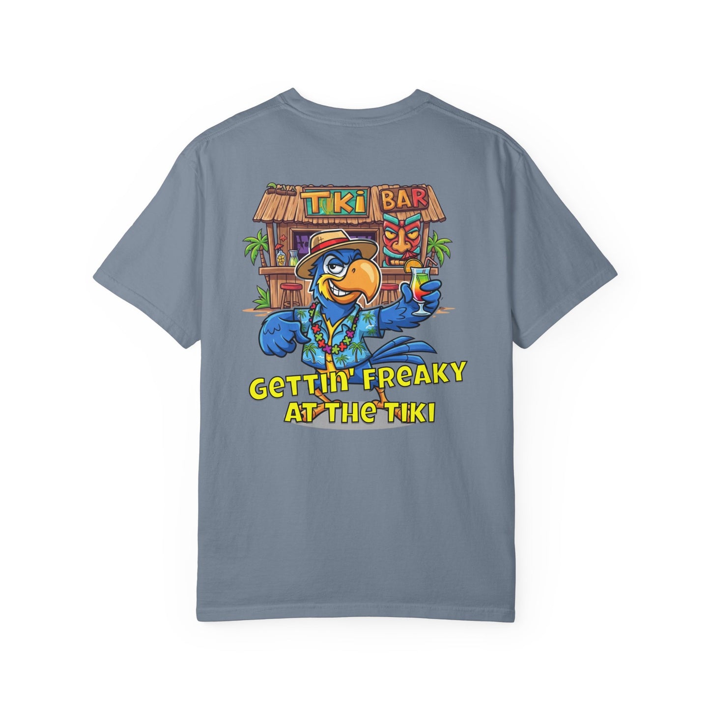 Gray t-shirt with a colorful tiki bar graphic and text on the back