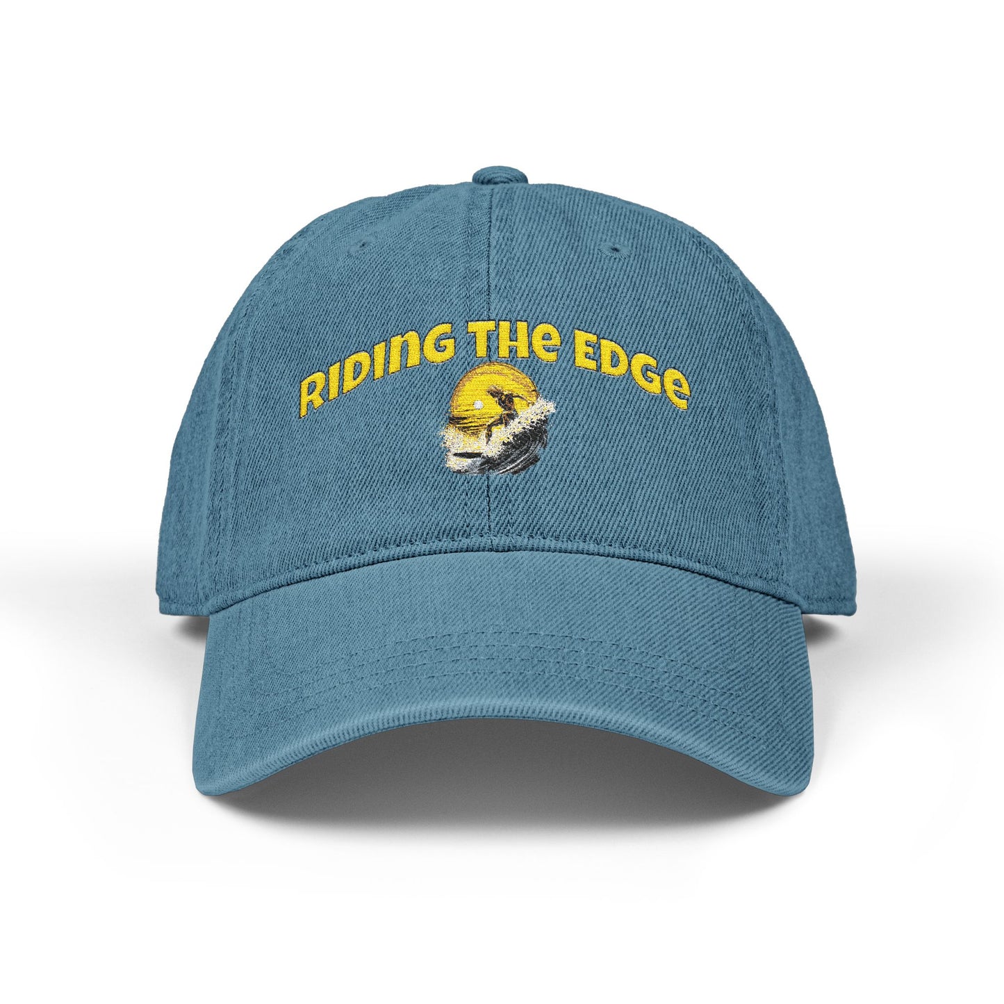 Blue cap with 'Riding the Edge' text and graphic on a white background
