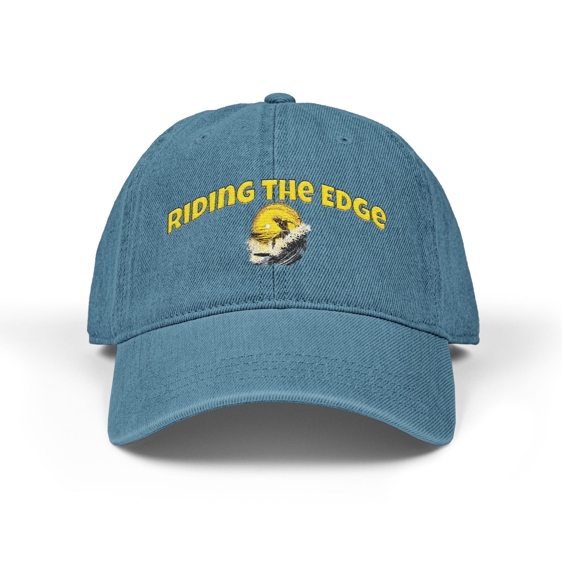 Blue cap with 'Riding the Edge' text and graphic on a white background