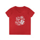 Women’s v-neck t-shirt in red with beach graphic of flip flops and palms