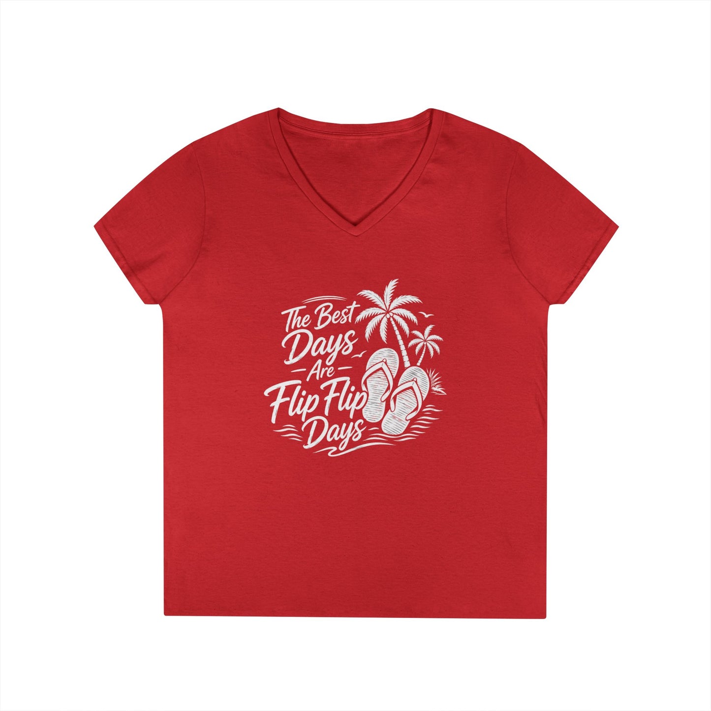 Women’s v-neck t-shirt in red with beach graphic of flip flops and palms
