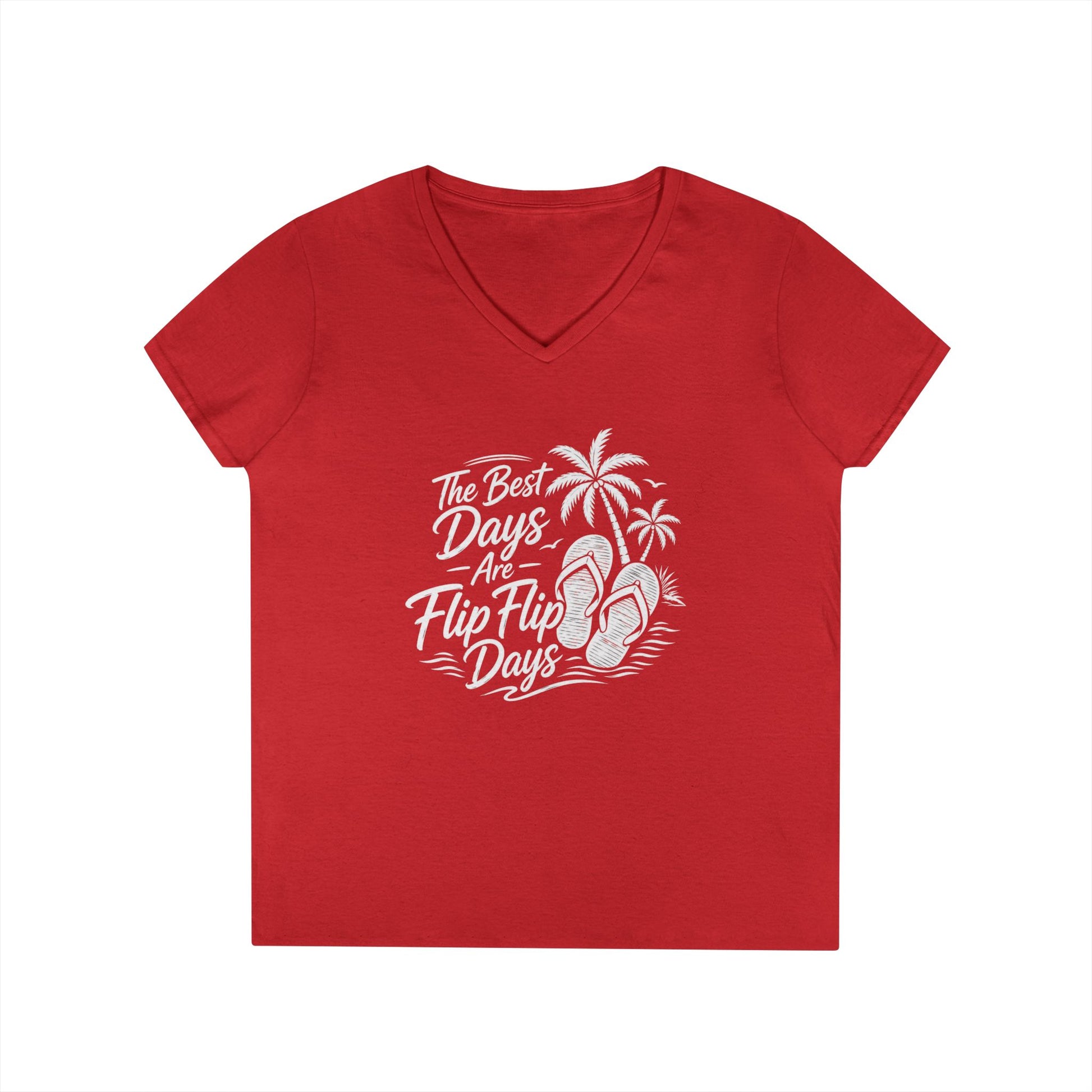 Women’s v-neck t-shirt in red with beach graphic of flip flops and palms