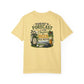 Yellow t-shirt with a graphic design on the back featuring text and images of beer mugs, golf clubs, and a golf ball.