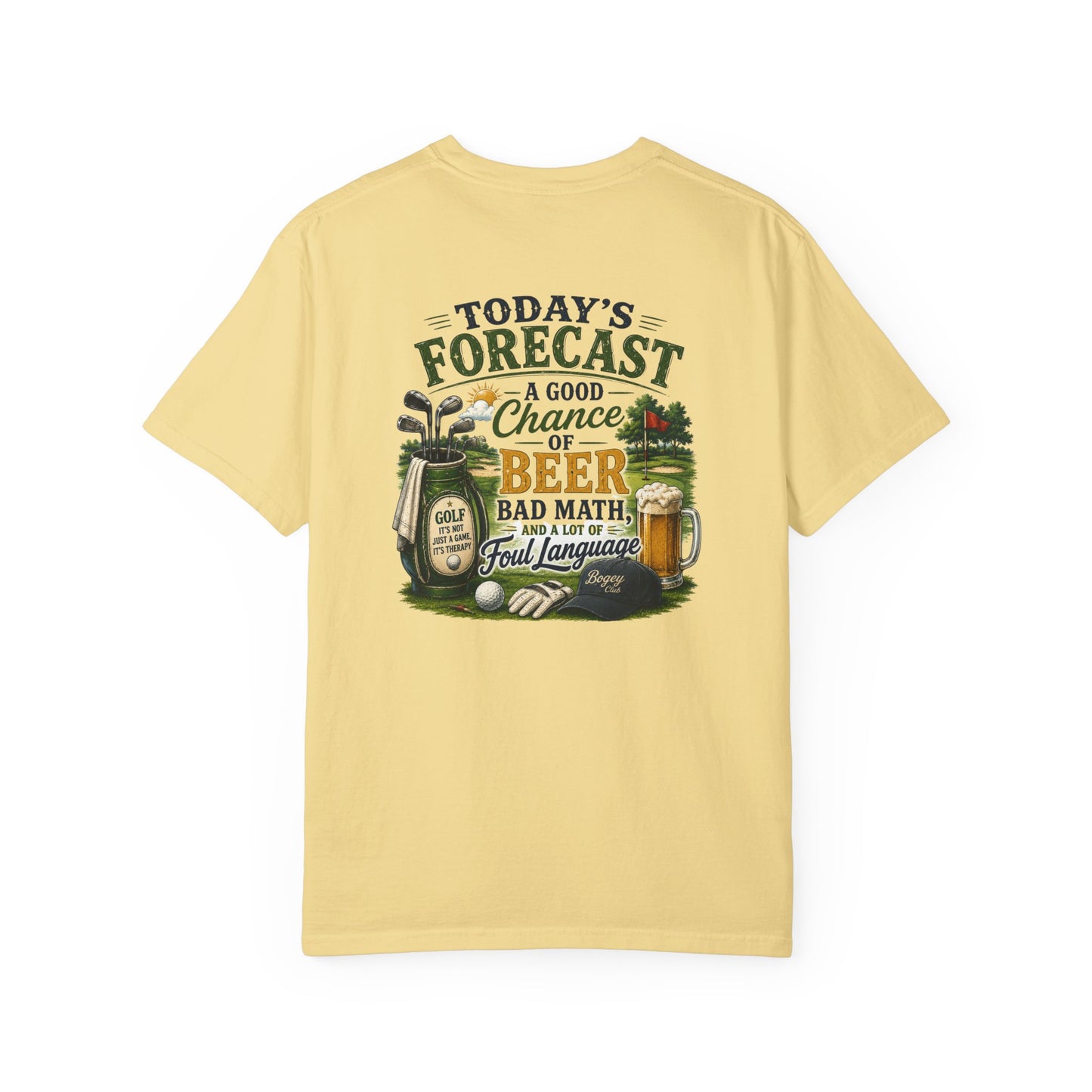 Yellow t-shirt with a graphic design on the back featuring text and images of beer mugs, golf clubs, and a golf ball.